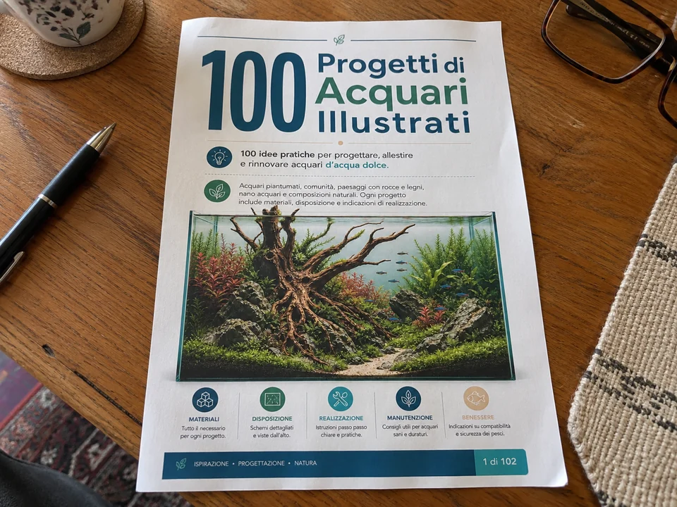 La guida 100 Progetti di Acquari Illustrati stampata in formato A4 su un tavolo di casa