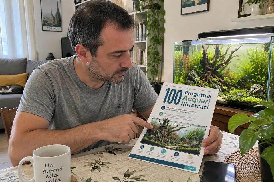 Uomo italiano che consulta la guida illustrata accanto al suo acquario di casa