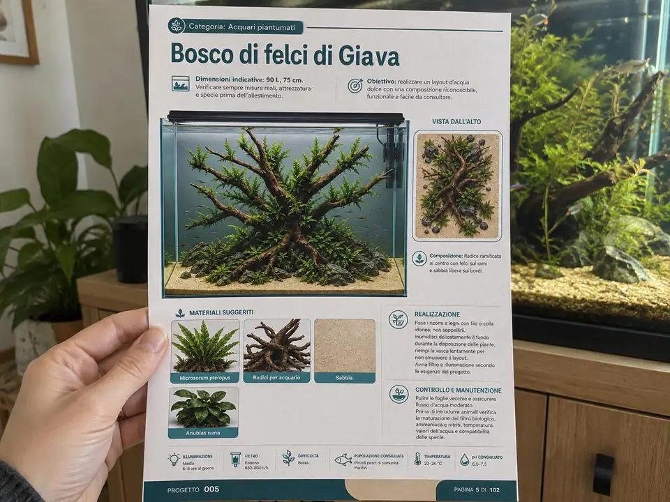 Una mano tiene la pagina Bosco di felci di Giava stampata in A4