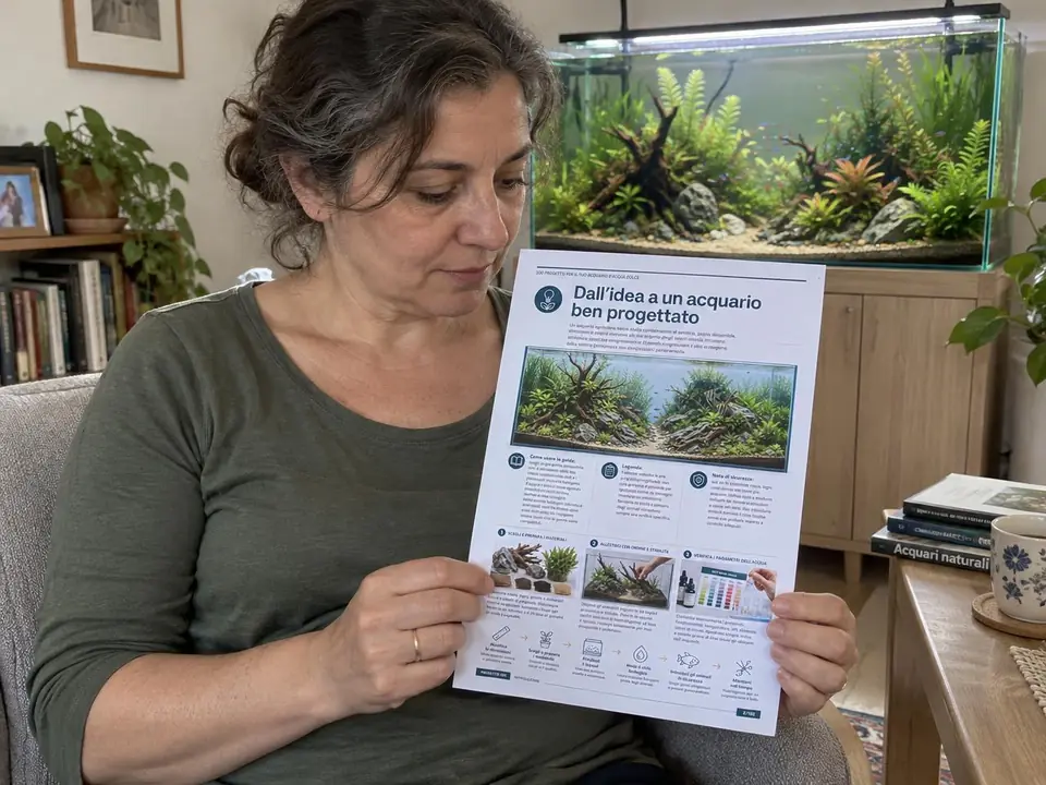 Una donna italiana legge la guida stampata in A4 davanti al suo acquario di casa