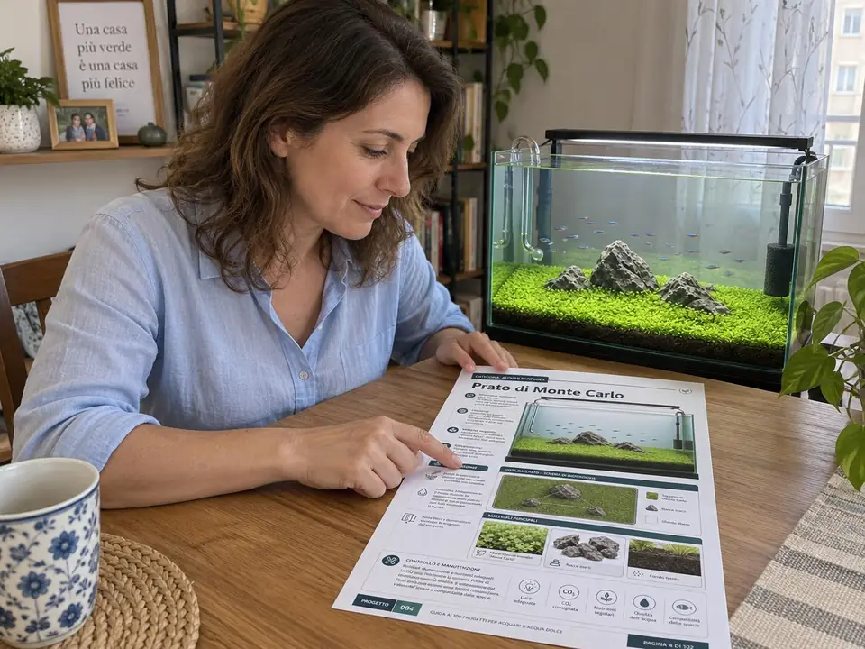 Una donna italiana consulta il progetto Prato di Monte Carlo accanto al suo acquario
